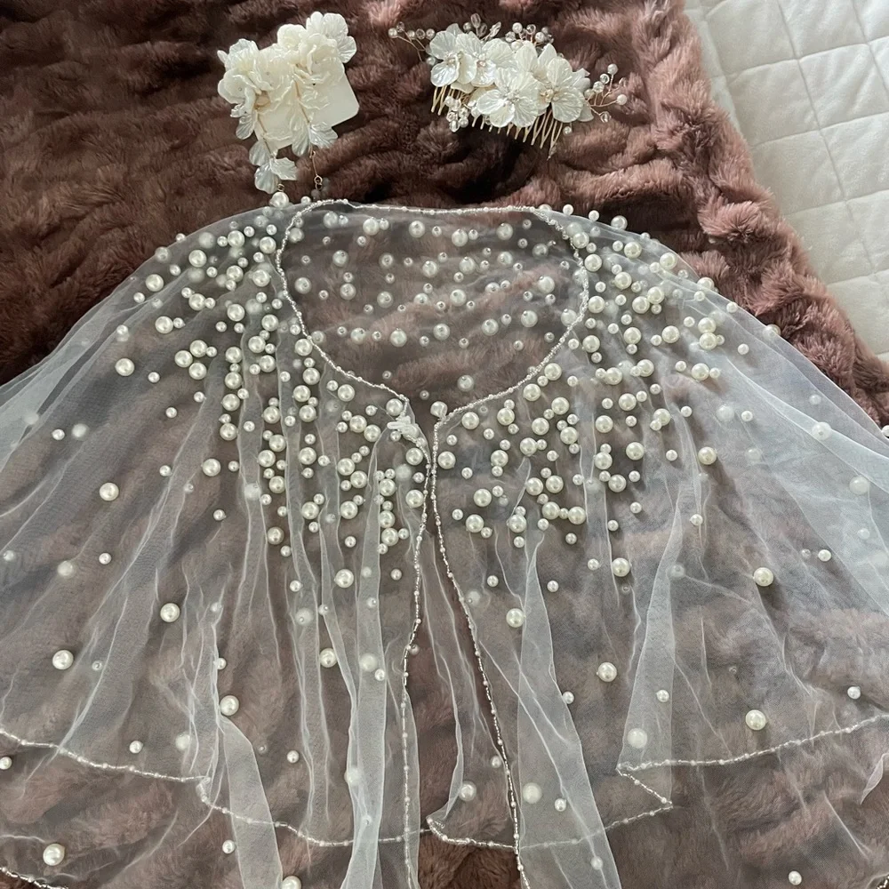 Bridal Accessory Bundle - earrings, peal shawl, flower hair piece - NEW